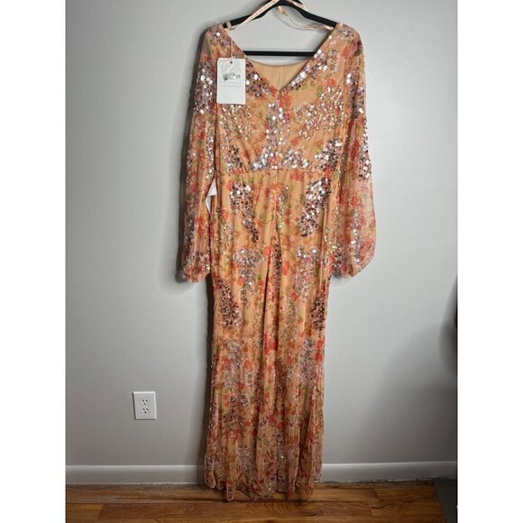 MAC DUGGAL Floral Sequin Long Sleeve Gown Dress in Apricot Size 12 NWT 93547 - Picture 8 of 8